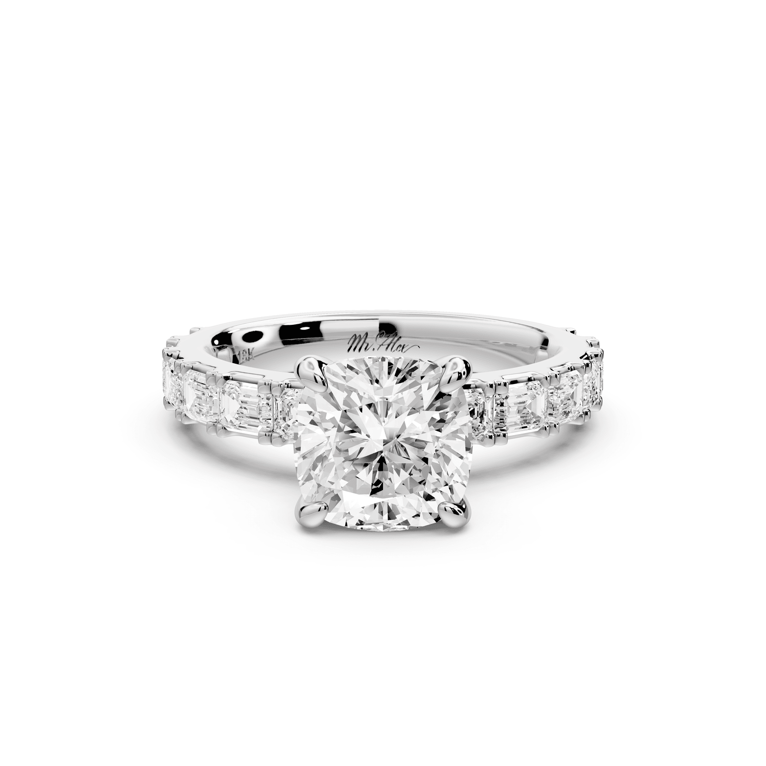 Nadia - 2ct 14k white gold cushion diamond with east - west emerald cut accent stones engagement ring - Mr. Alex Jewelry