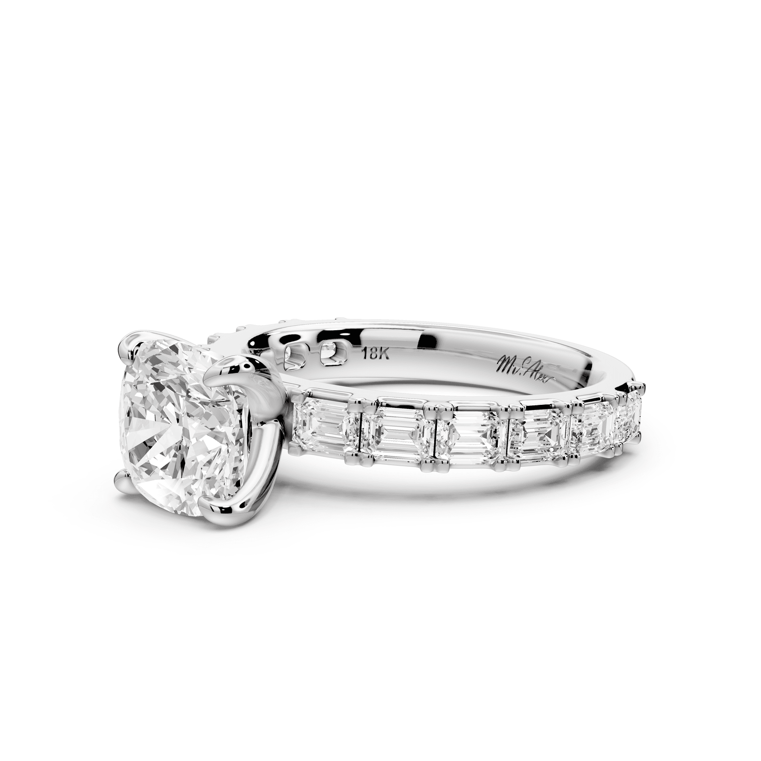Nadia - 2ct 14k white gold cushion diamond with east - west emerald cut accent stones engagement ring - Mr. Alex Jewelry