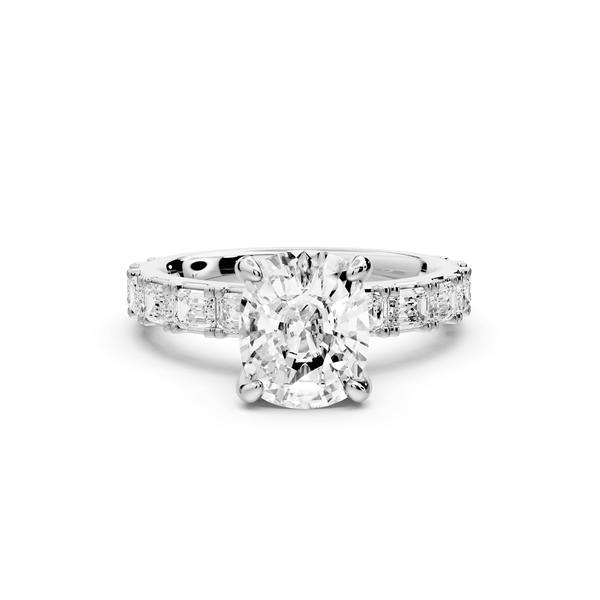 Nadia - 2ct 14k white gold ecushion diamond with east - west emerald cut accent stones engagement ring - Mr. Alex Jewelry
