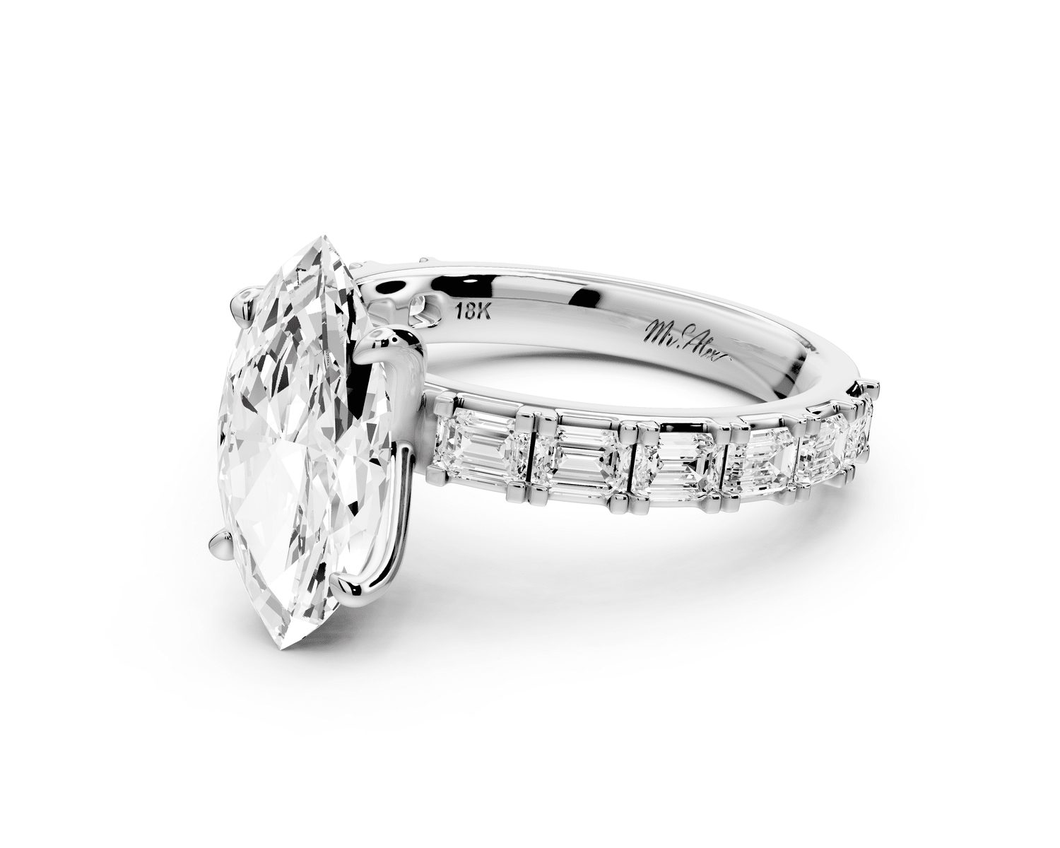 Nadia - 2ct 14k white gold marquise diamond with east - west emerald cut accent stones engagement ring - Mr. Alex Jewelry