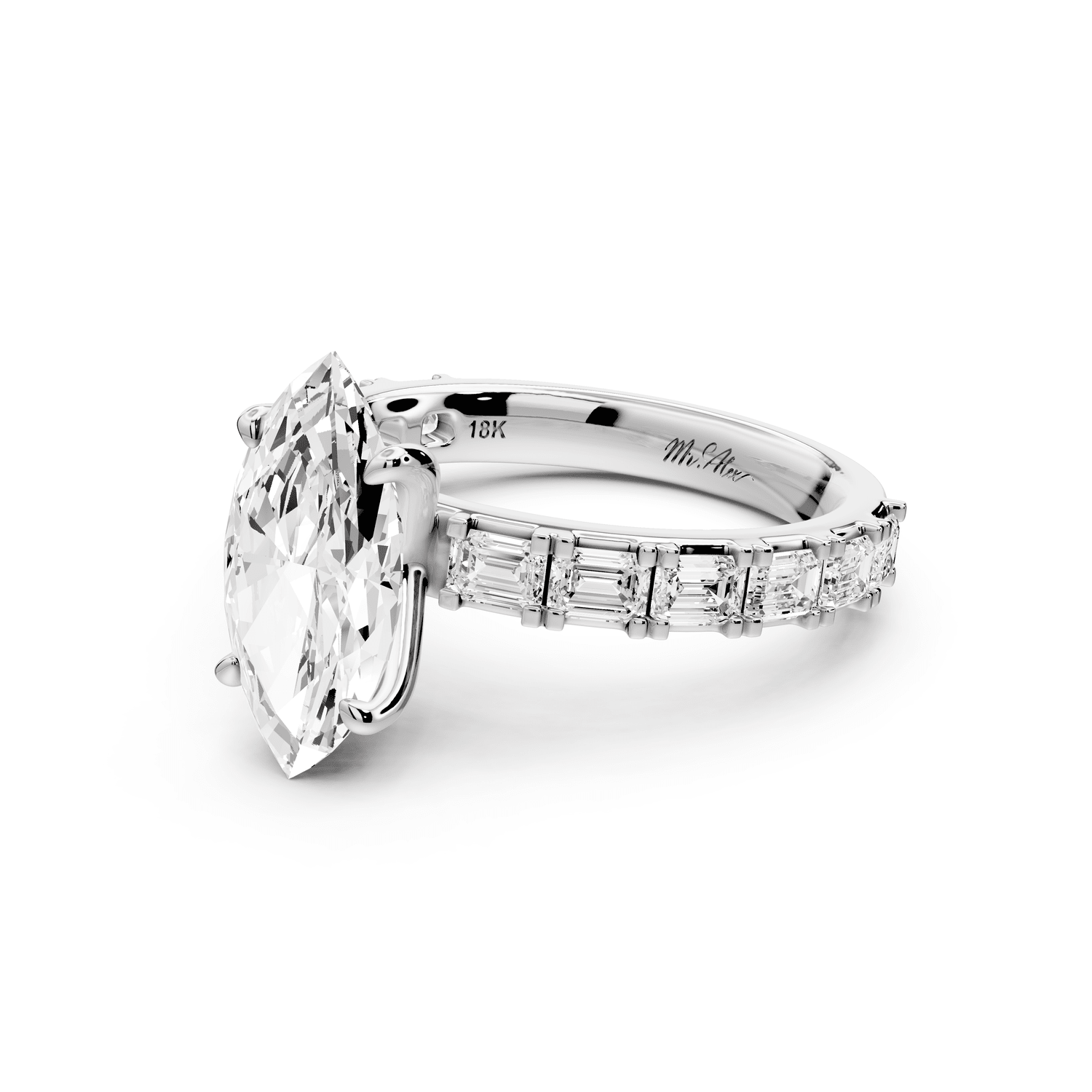 Nadia - 2ct 14k white gold marquise diamond with east - west emerald cut accent stones engagement ring - Mr. Alex Jewelry