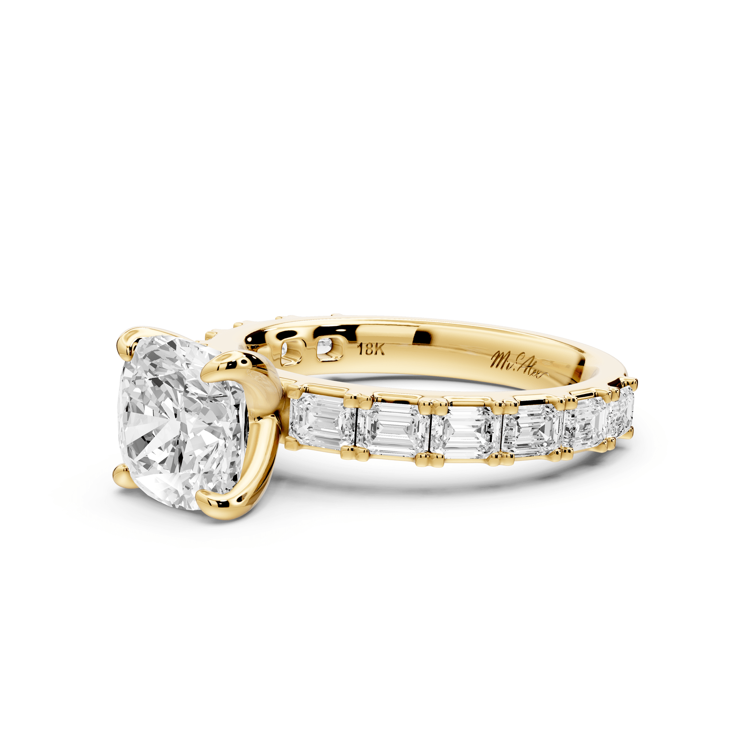 Nadia - 2ct 14k yellow gold cushion diamond with east - west emerald cut accent stones engagement ring - Mr. Alex Jewelry