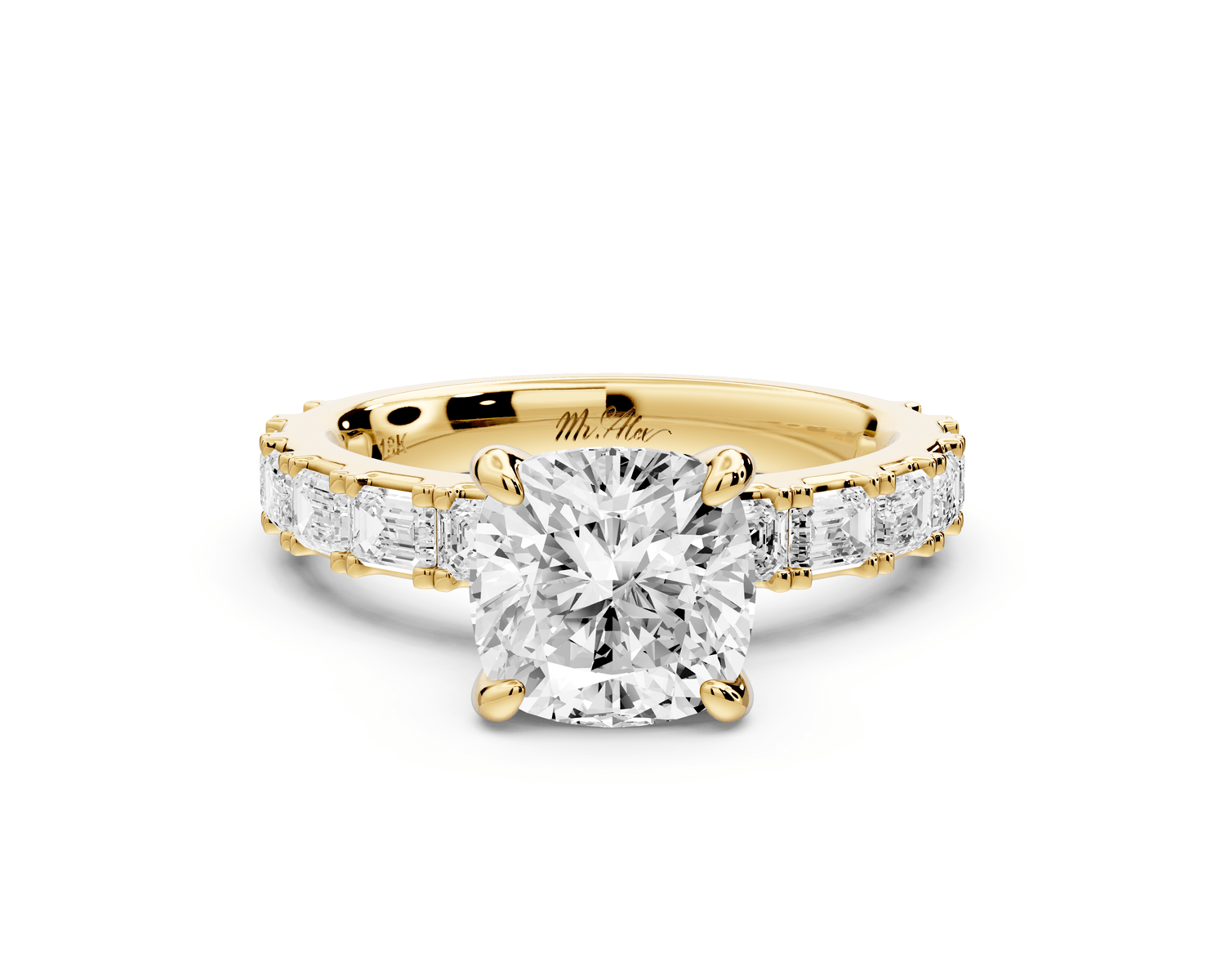 Nadia - 2ct 14k yellow gold cushion diamond with east - west emerald cut accent stones engagement ring - Mr. Alex Jewelry