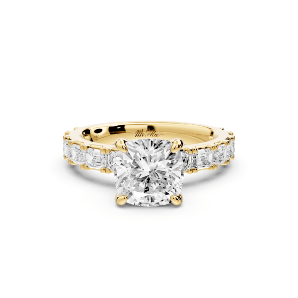 Nadia - 2ct 14k yellow gold cushion diamond with east - west emerald cut accent stones engagement ring - Mr. Alex Jewelry
