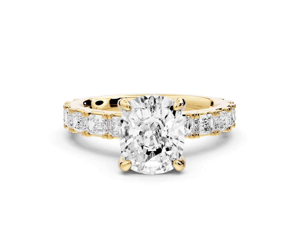 Nadia - 2ct 14k yellow gold ecushion diamond with east - west emerald cut accent stones engagement ring - Mr. Alex Jewelry