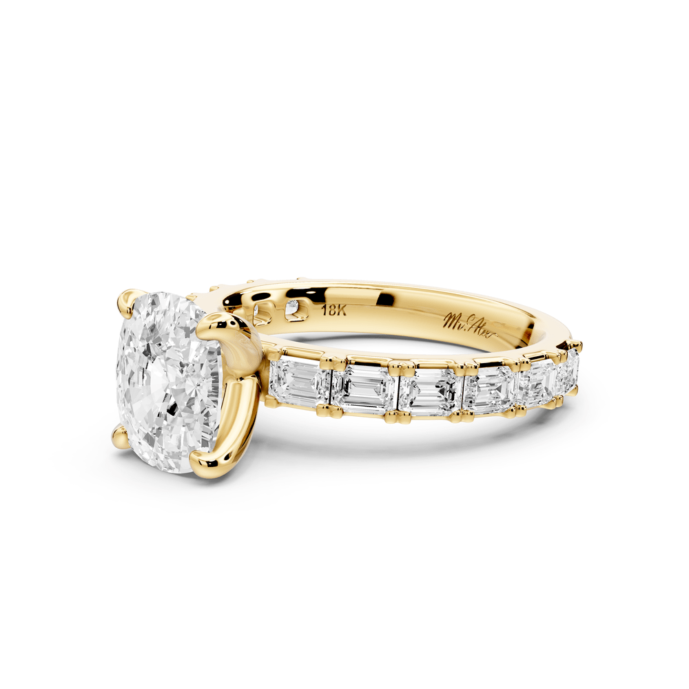 Nadia - 2ct 14k yellow gold ecushion diamond with east - west emerald cut accent stones engagement ring - Mr. Alex Jewelry