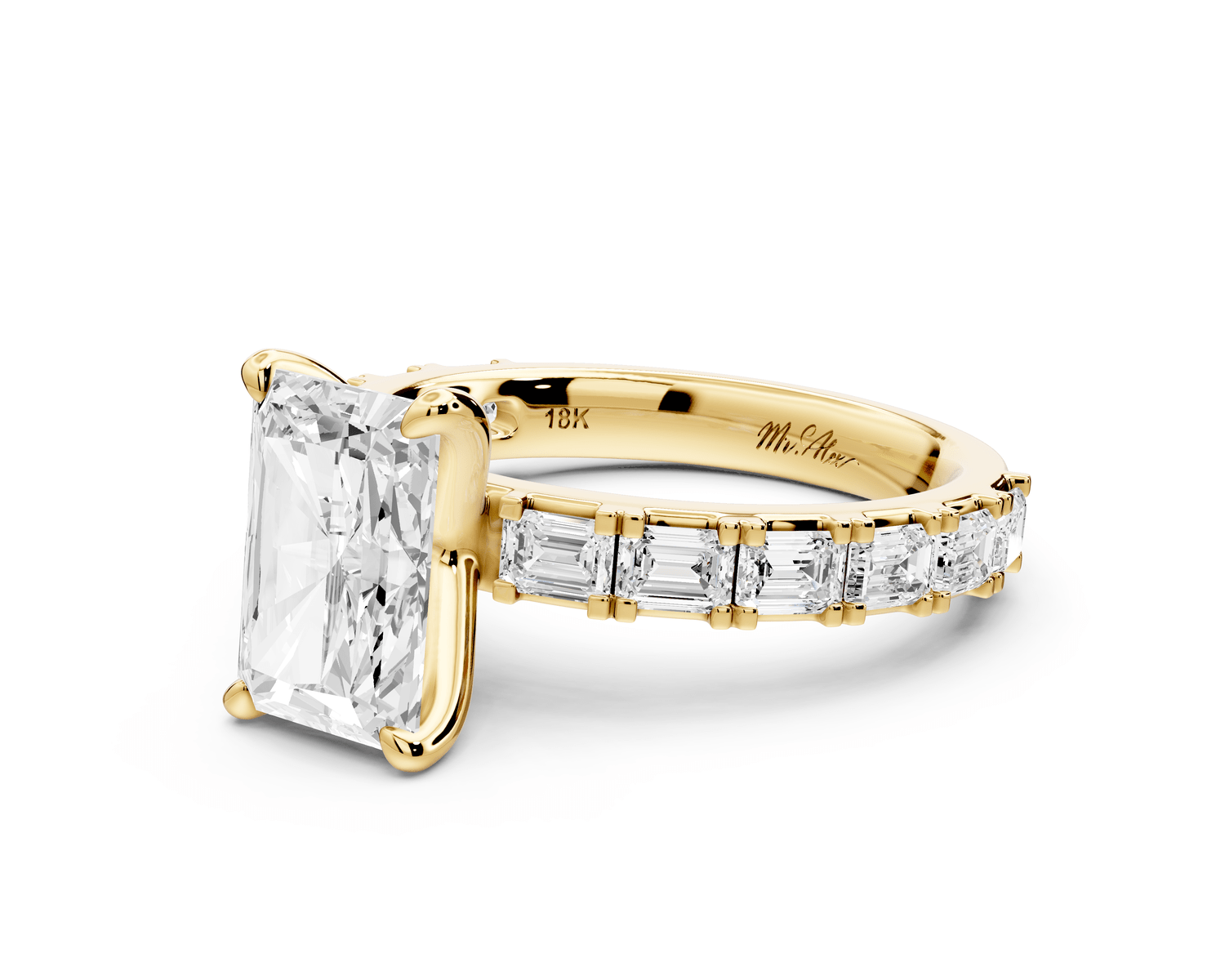Nadia - 2ct 14k yellow gold radiant diamond with east - west emerald cut accent stones engagement ring - Mr. Alex Jewelry