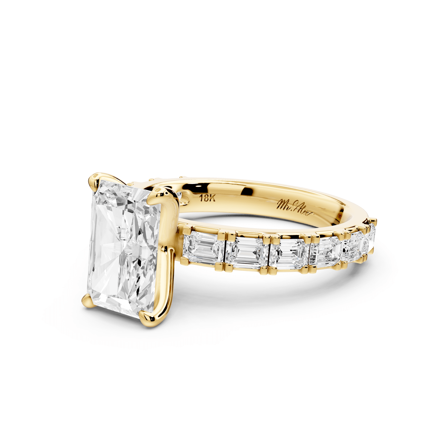 Nadia - 2ct 14k yellow gold radiant diamond with east - west emerald cut accent stones engagement ring - Mr. Alex Jewelry