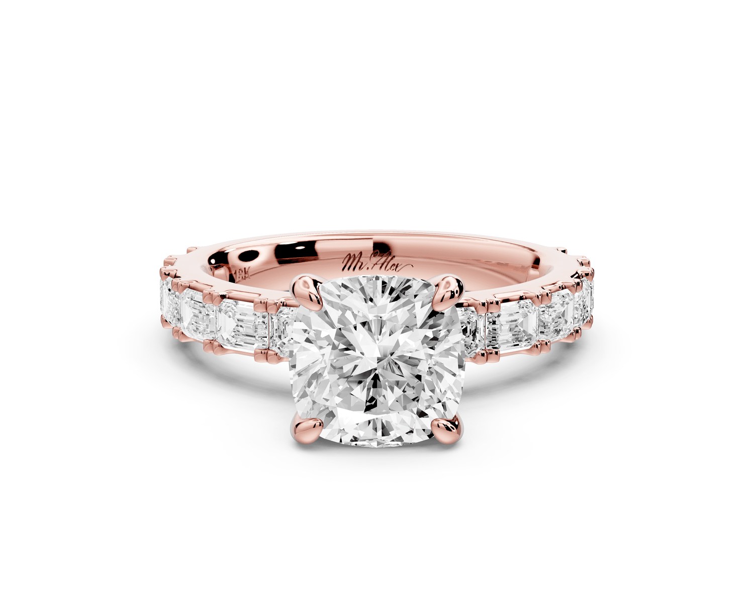 Nadia - 2ct 18k rose gold cushion diamond with east - west emerald cut accent stones engagement ring - Mr. Alex Jewelry