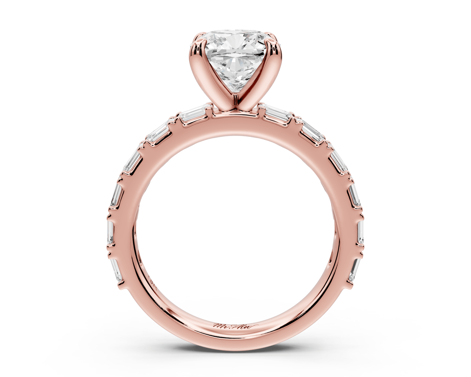 Nadia - 2ct 18k rose gold cushion diamond with east - west emerald cut accent stones engagement ring - Mr. Alex Jewelry