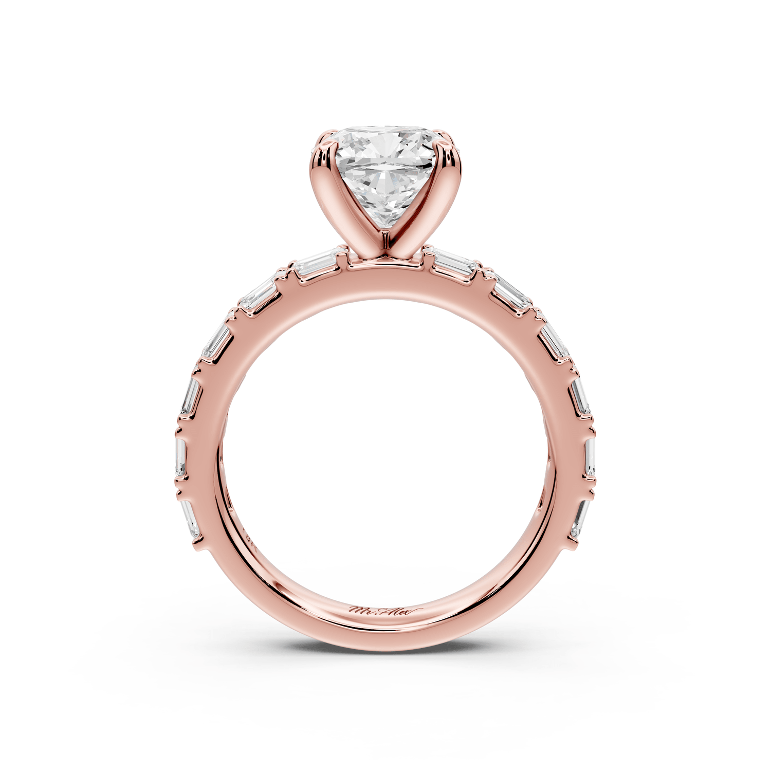 Nadia - 2ct 18k rose gold cushion diamond with east - west emerald cut accent stones engagement ring - Mr. Alex Jewelry