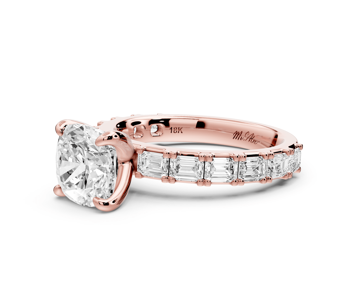 Nadia - 2ct 18k rose gold cushion diamond with east - west emerald cut accent stones engagement ring - Mr. Alex Jewelry