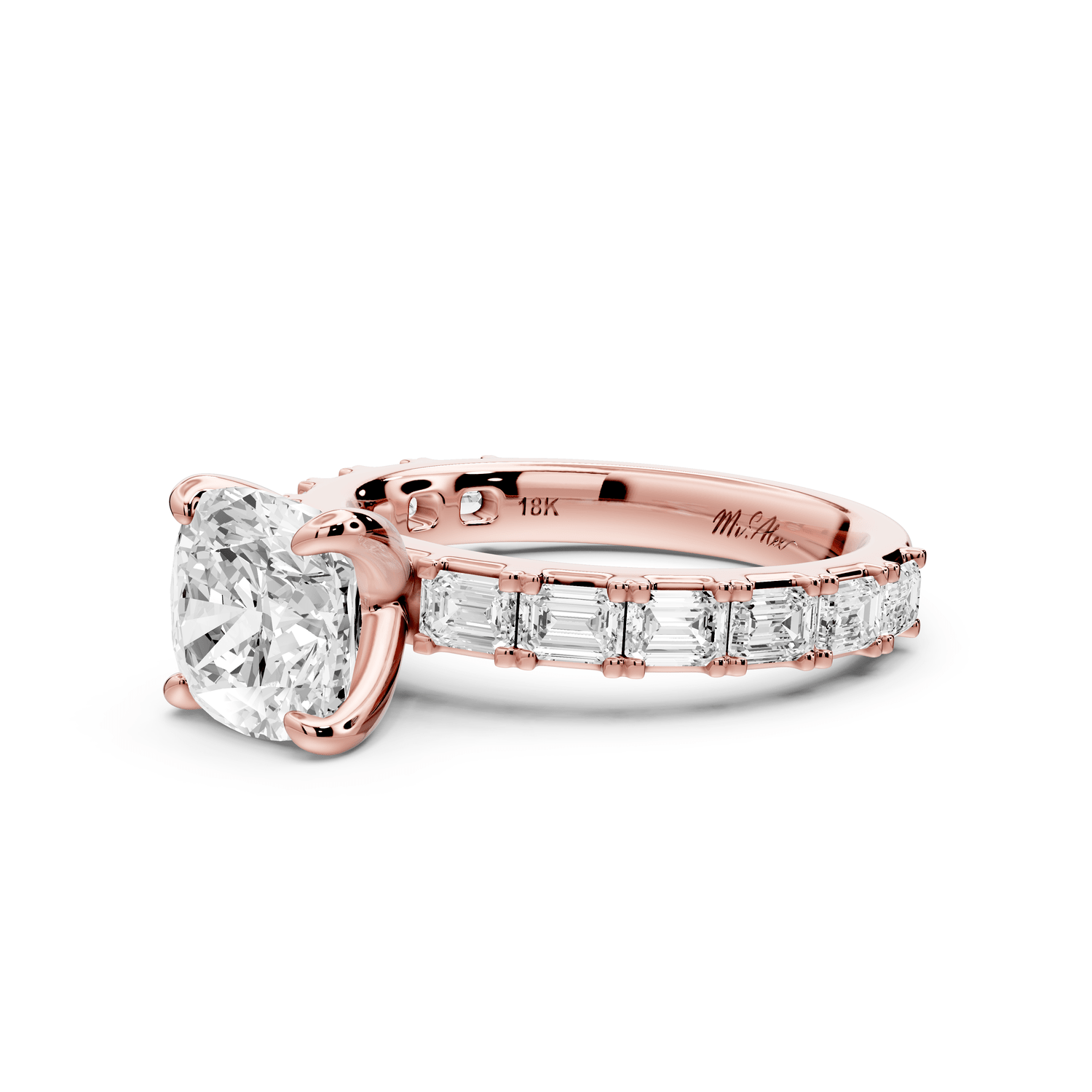 Nadia - 2ct 18k rose gold cushion diamond with east - west emerald cut accent stones engagement ring - Mr. Alex Jewelry
