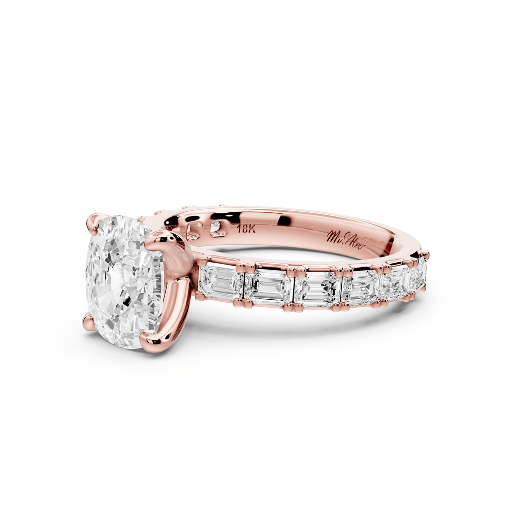 Nadia - 2ct 18k rose gold ecushion diamond with east - west emerald cut accent stones engagement ring - Mr. Alex Jewelry