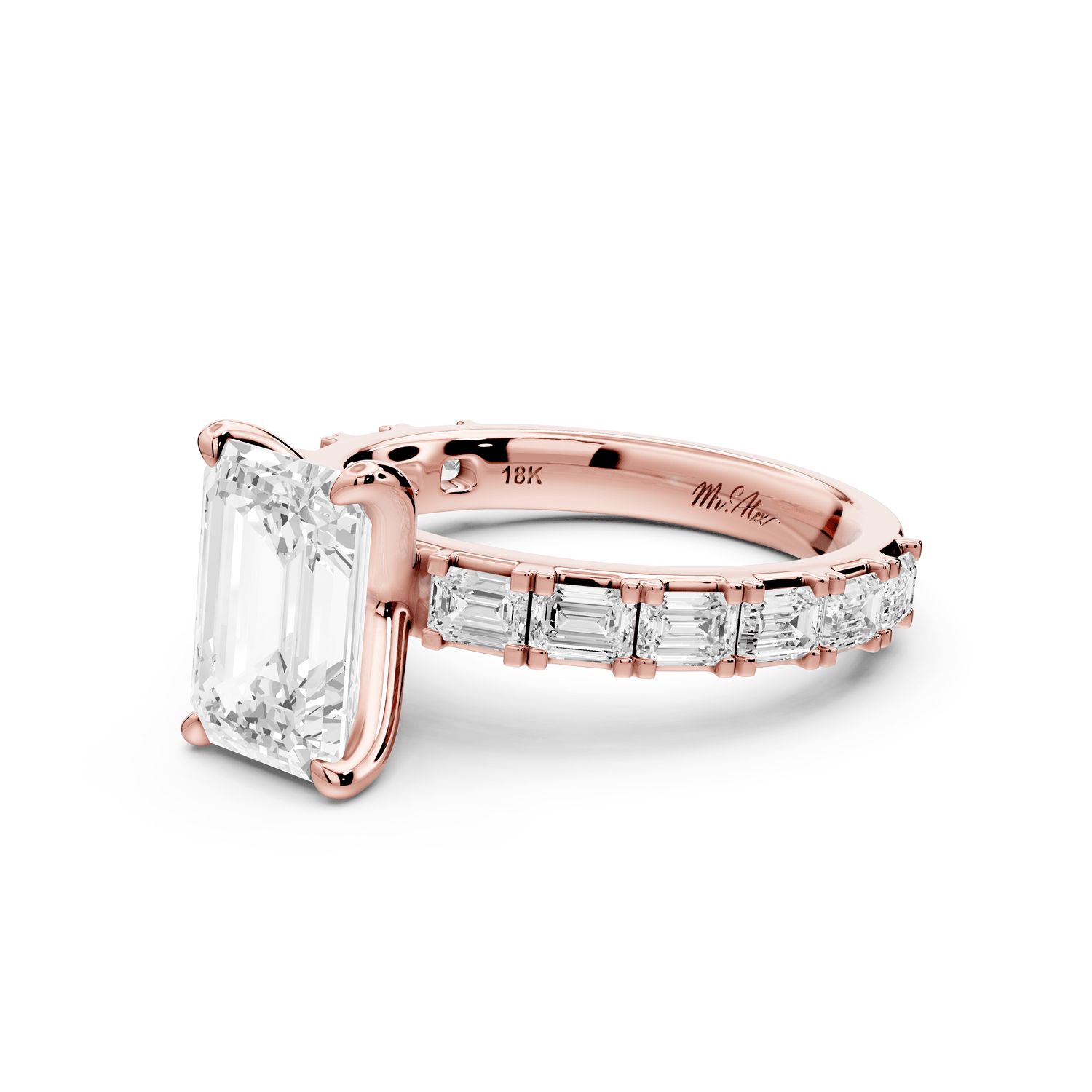 Nadia - 2ct 18k rose gold emerald diamond with east - west emerald cut accent stones engagament ring - Mr. Alex Jewelry