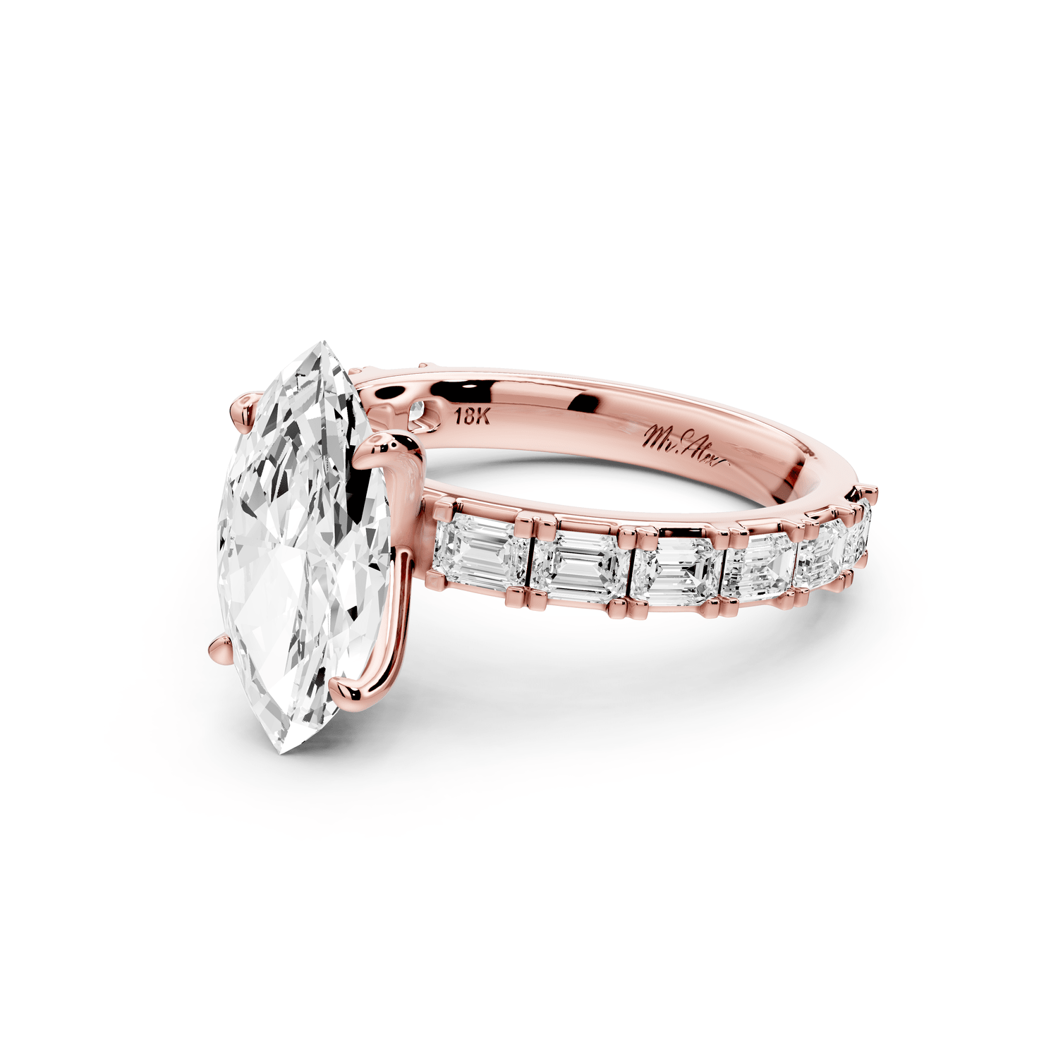 Nadia - 2ct 18k rose gold marquise diamond with east - west emerald cut accent stones engagement ring - Mr. Alex Jewelry
