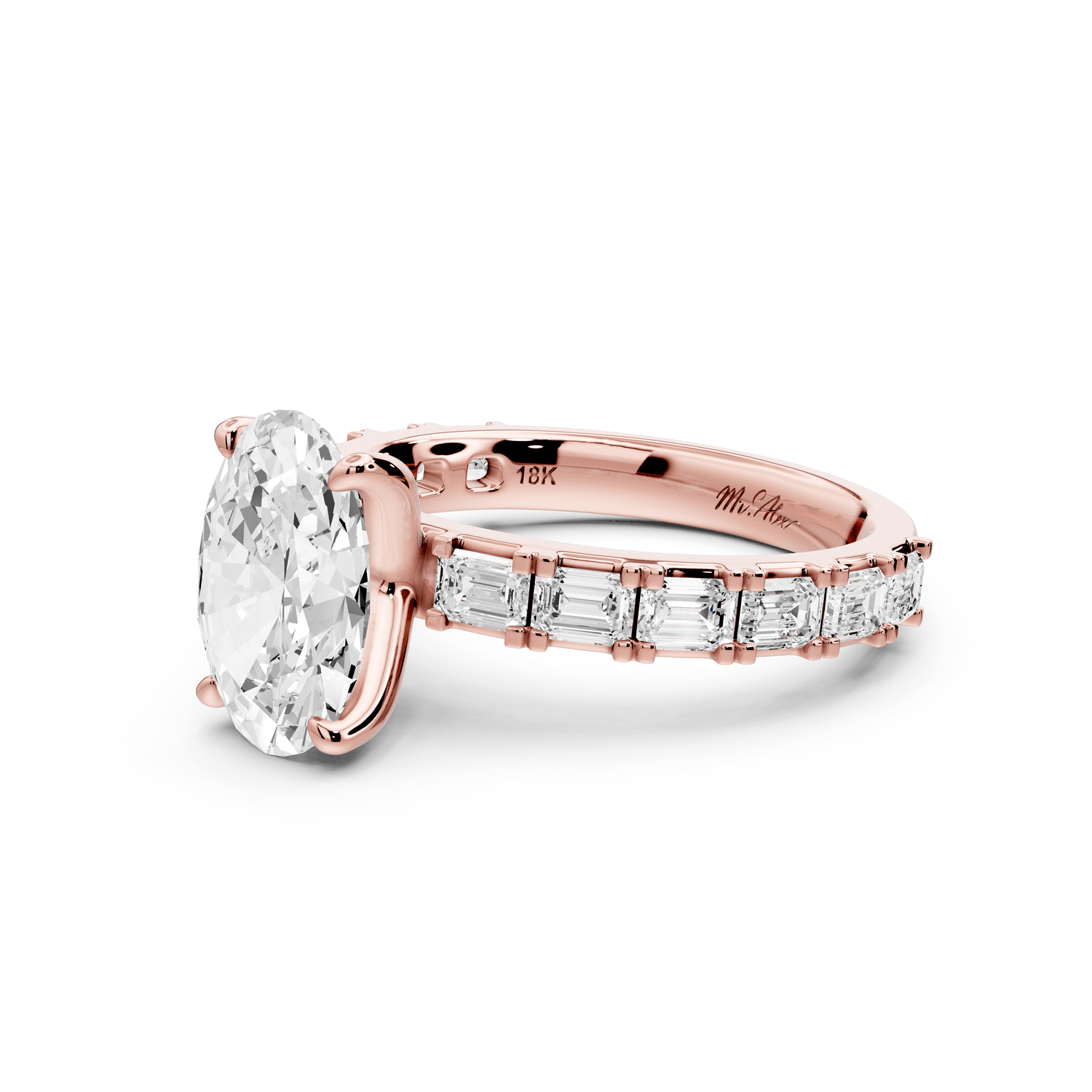 Nadia - 2ct 18k rose gold oval diamond with east - west emerald cut accent stones engagament ring - Mr. Alex Jewelry