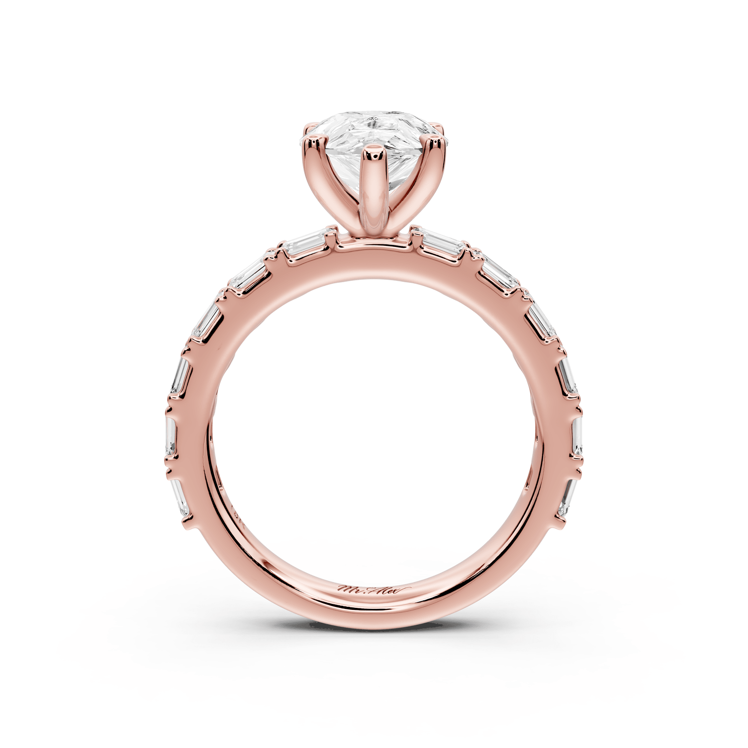Nadia - 2ct 18k rose gold pear diamond with east - west emerald cut accent stones engagament ring - Mr. Alex Jewelry