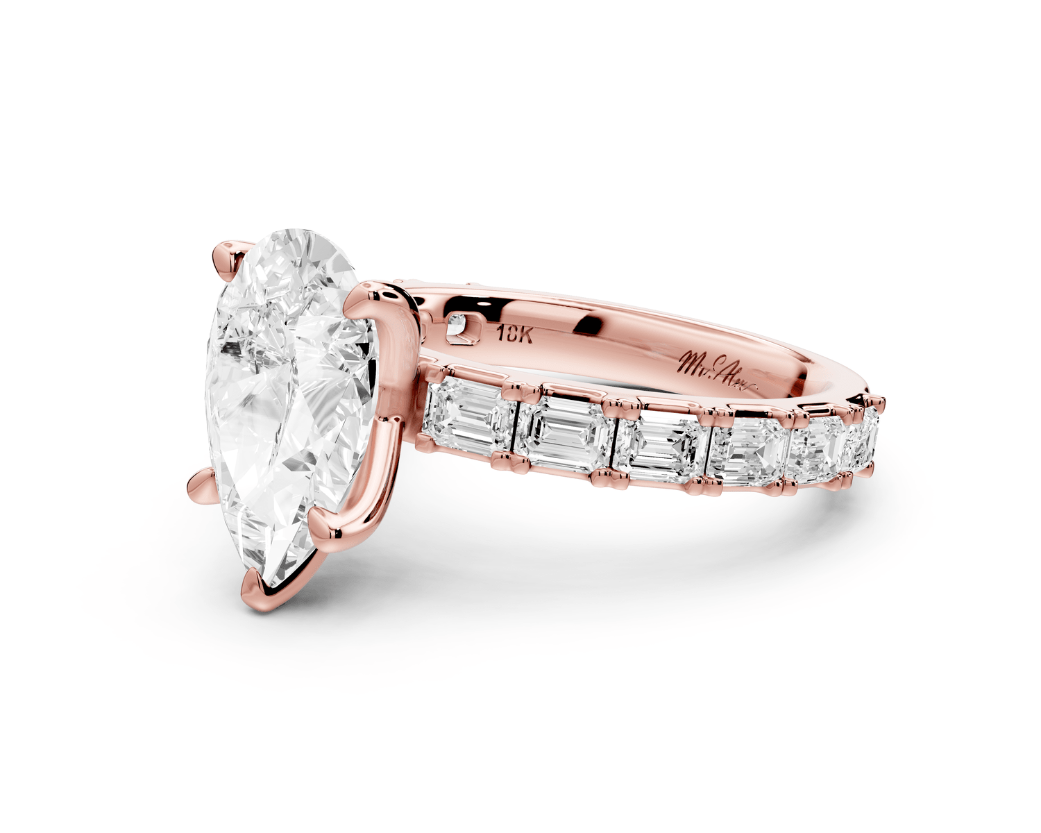 Nadia - 2ct 18k rose gold pear diamond with east - west emerald cut accent stones engagament ring - Mr. Alex Jewelry