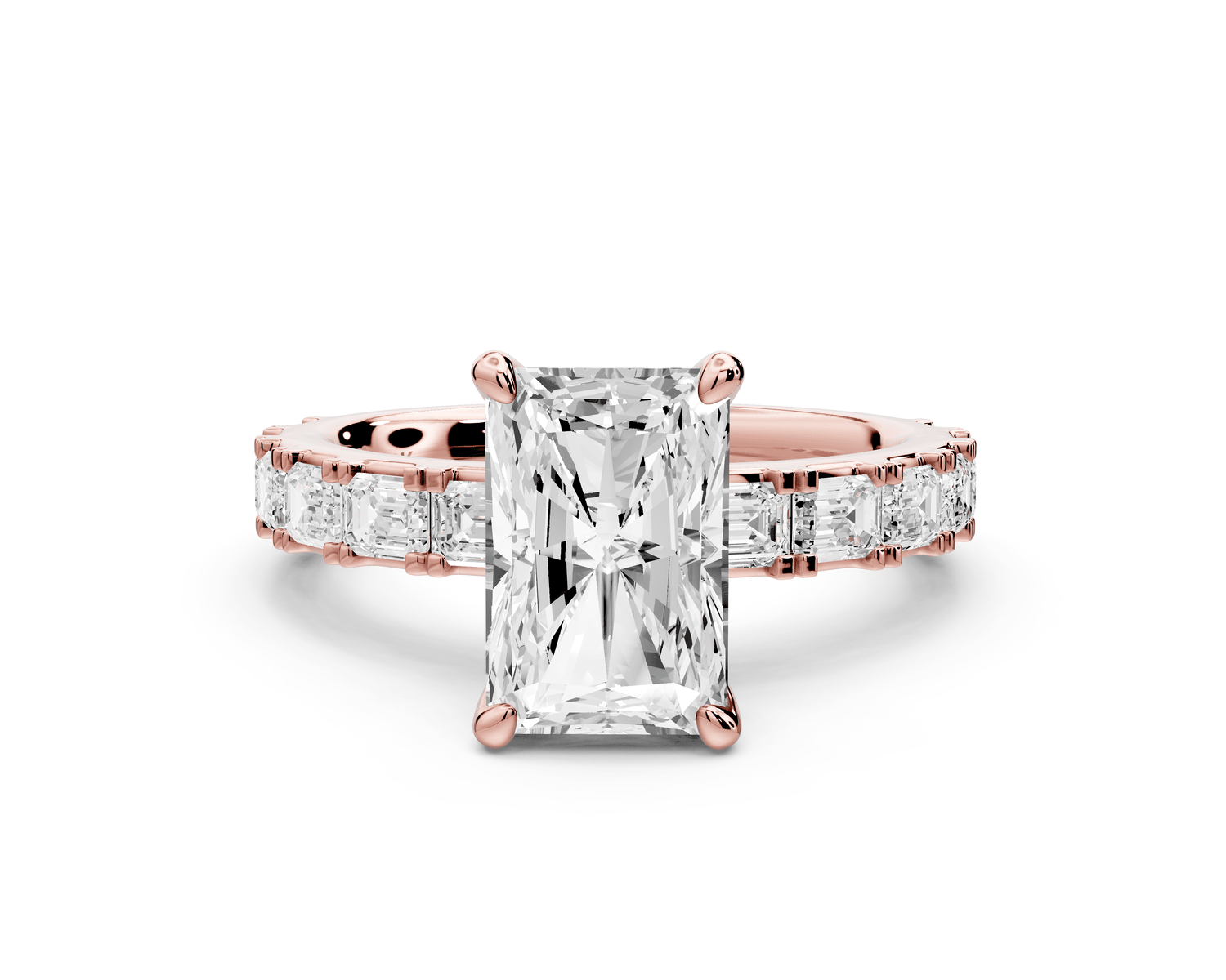 Nadia - 2ct 18k rose gold radiant diamond with east - west emerald cut accent stones engagement ring - Mr. Alex Jewelry