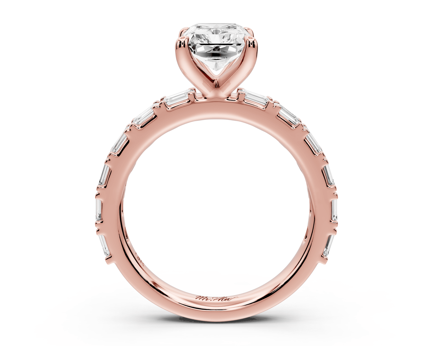 Nadia - 2ct 18k rose gold radiant diamond with east - west emerald cut accent stones engagement ring - Mr. Alex Jewelry