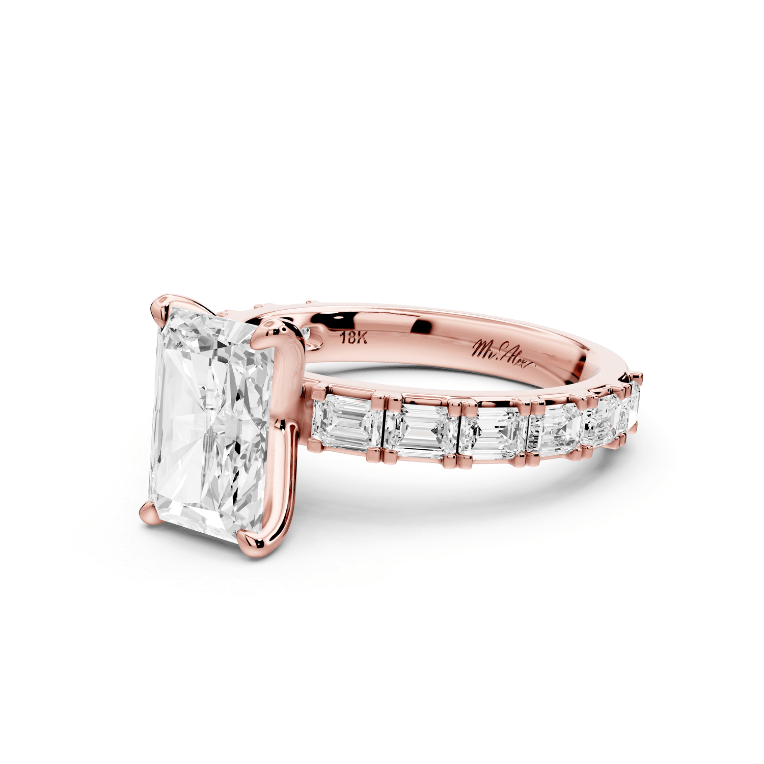 Nadia - 2ct 18k rose gold radiant diamond with east - west emerald cut accent stones engagement ring - Mr. Alex Jewelry