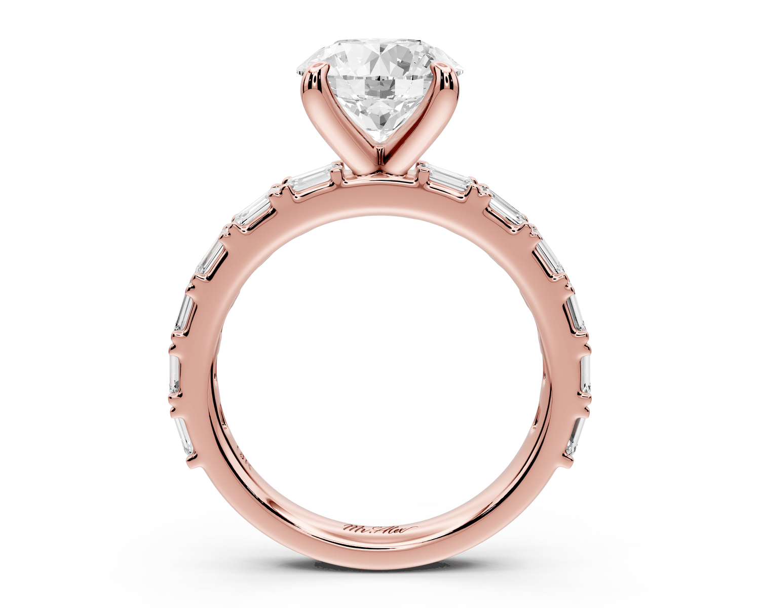 Nadia - 2ct 18k rose gold round diamond with east - west emerald cut accent stones engagement ring - Mr. Alex Jewelry