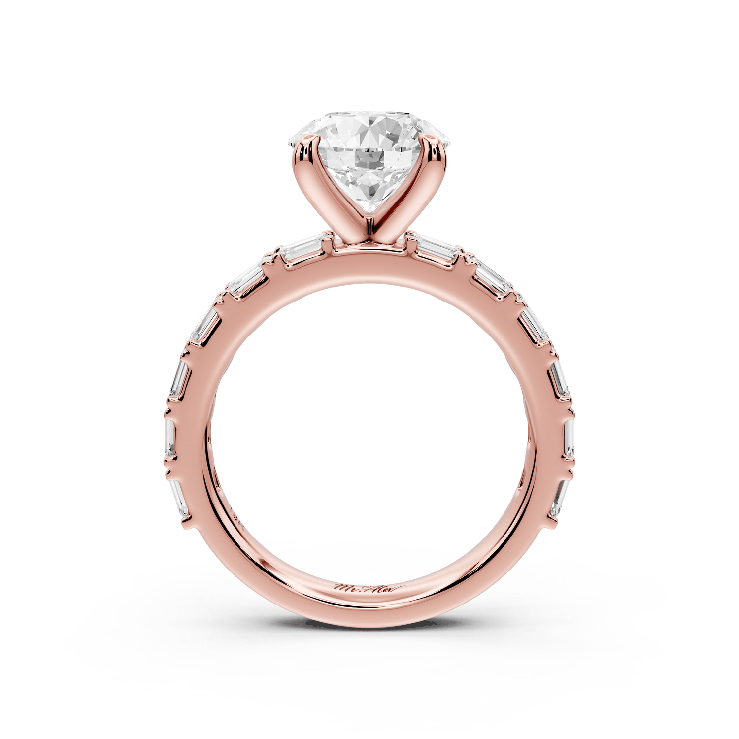 Nadia - 2ct 18k rose gold round diamond with east - west emerald cut accent stones engagement ring - Mr. Alex Jewelry