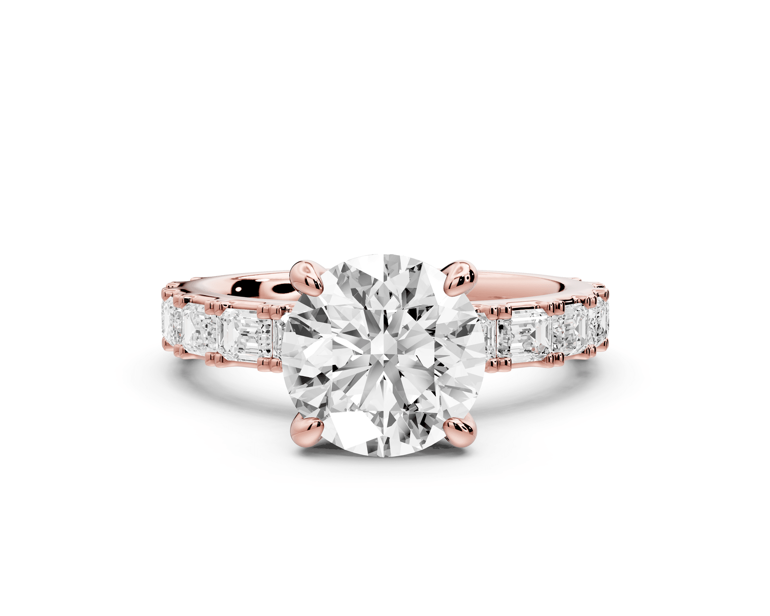 Nadia - 2ct 18k rose gold round diamond with east - west emerald cut accent stones engagement ring - Mr. Alex Jewelry