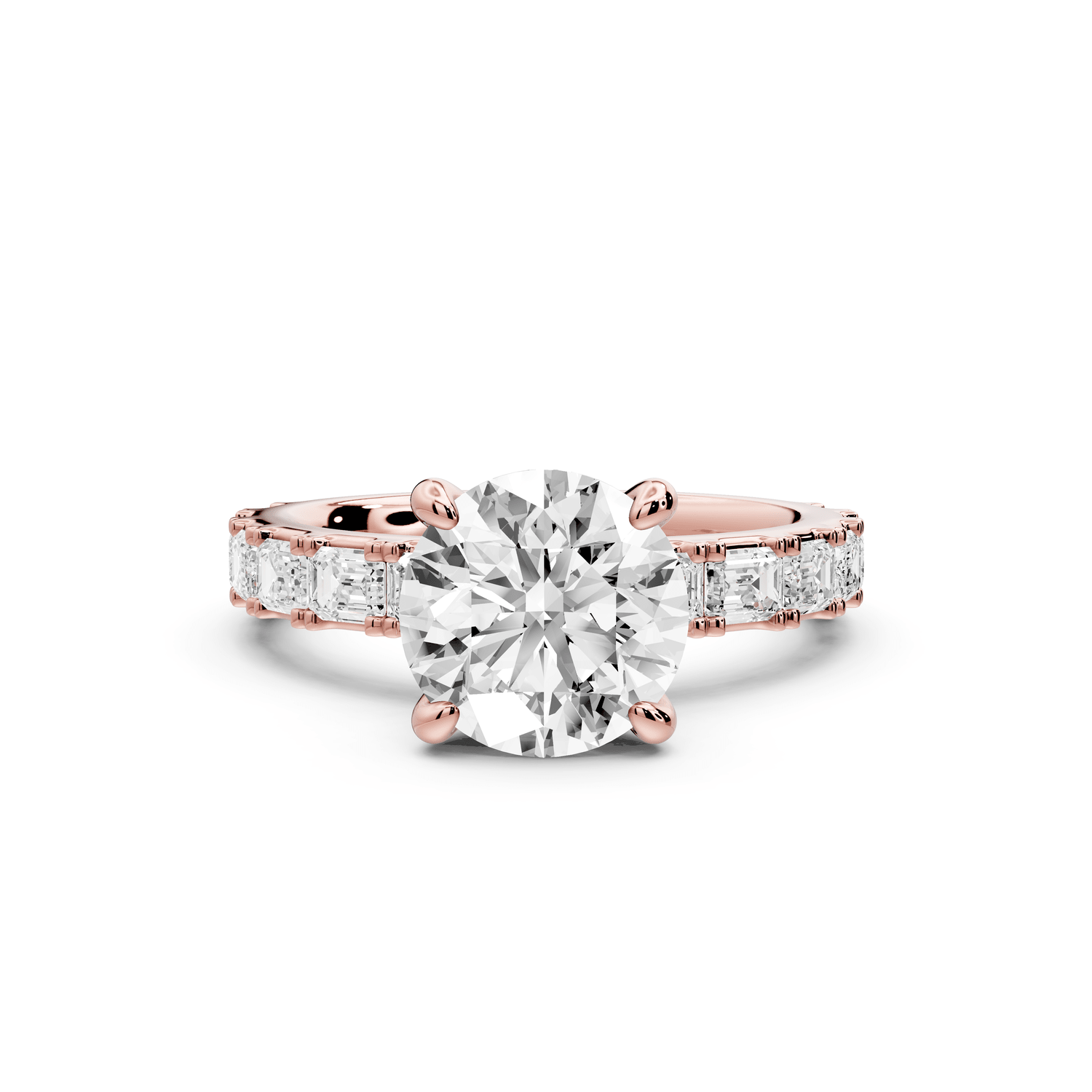 Nadia - 2ct 18k rose gold round diamond with east - west emerald cut accent stones engagement ring - Mr. Alex Jewelry