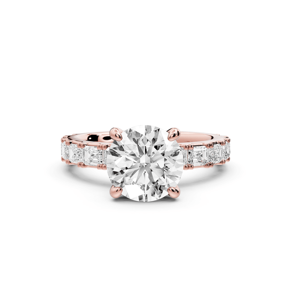 Nadia - 2ct 18k rose gold round diamond with east - west emerald cut accent stones engagement ring - Mr. Alex Jewelry