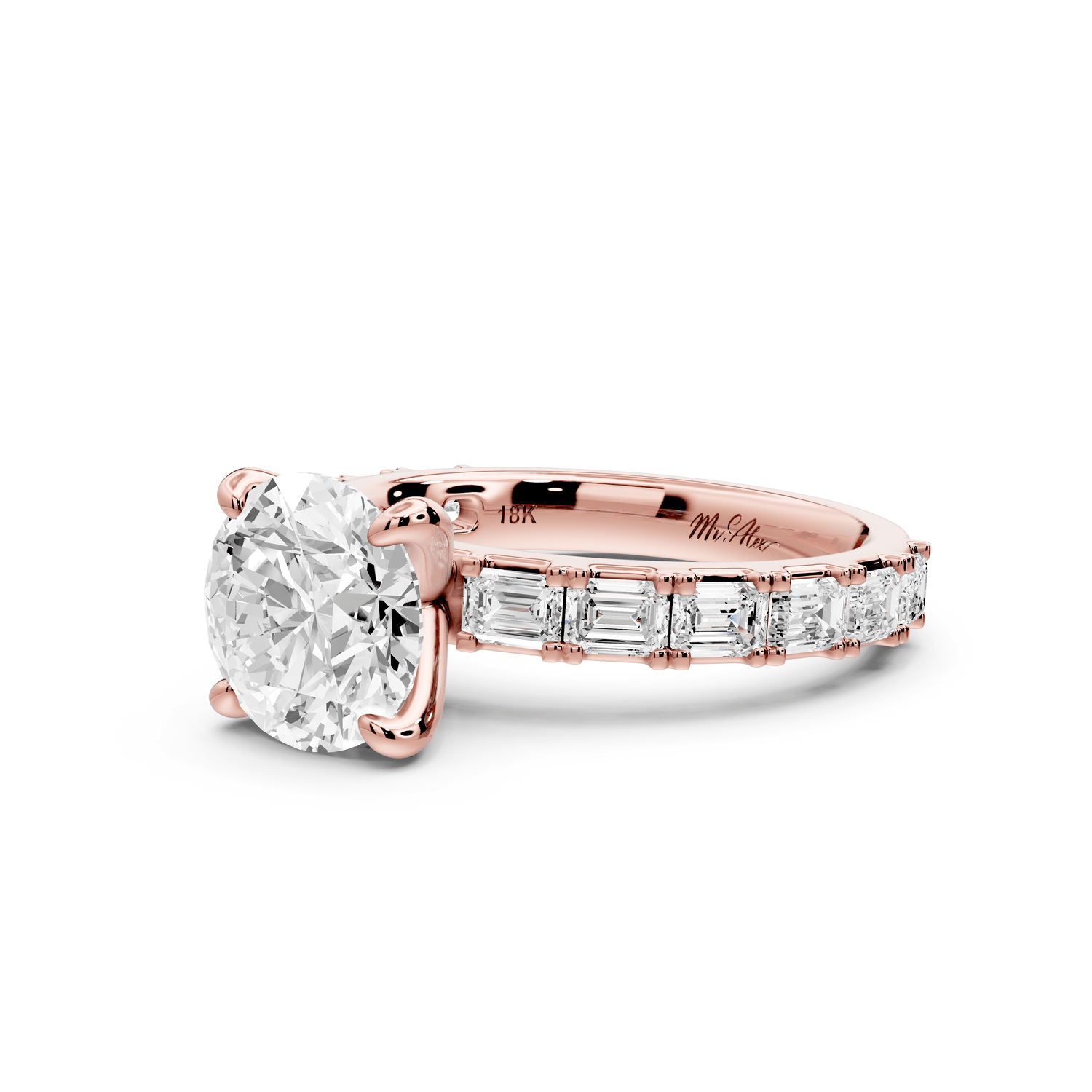 Nadia - 2ct 18k rose gold round diamond with east - west emerald cut accent stones engagement ring - Mr. Alex Jewelry