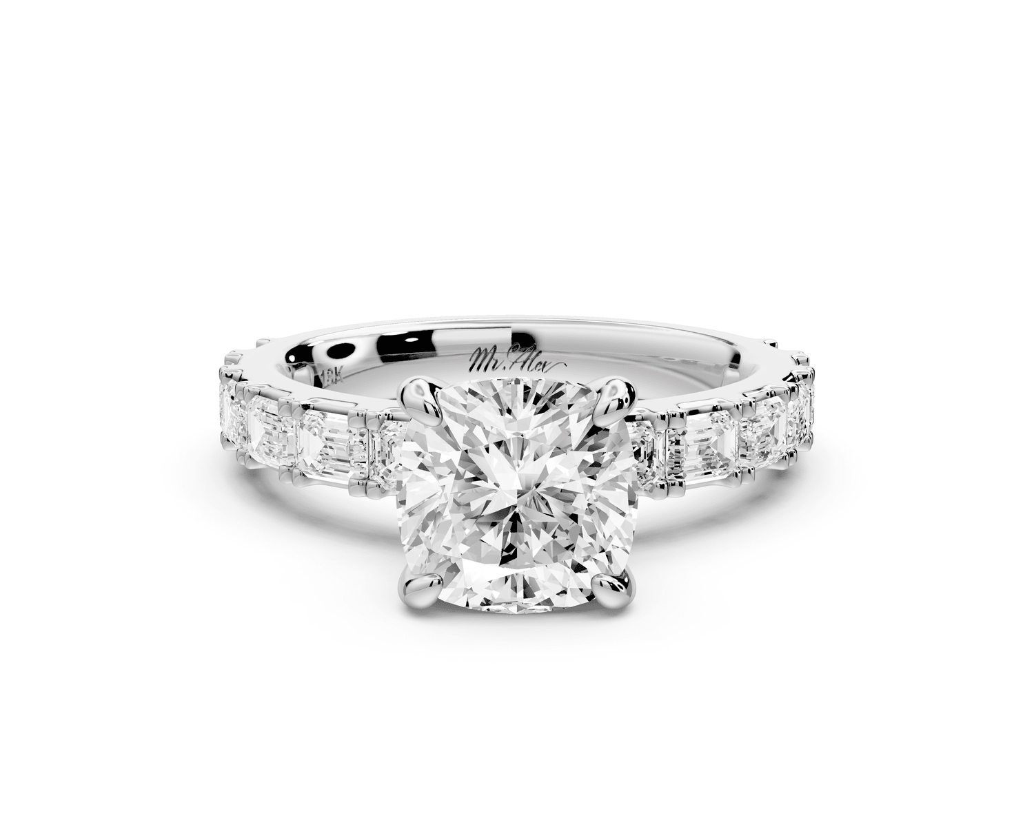 Nadia - 2ct 18k white gold cushion diamond with east - west emerald cut accent stones engagement ring - Mr. Alex Jewelry