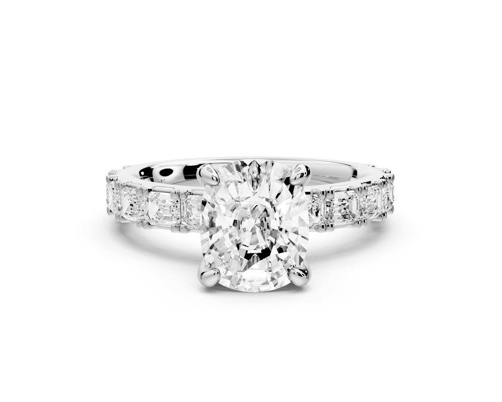 Nadia - 2ct 18k white gold ecushion diamond with east - west emerald cut accent stones engagement ring - Mr. Alex Jewelry