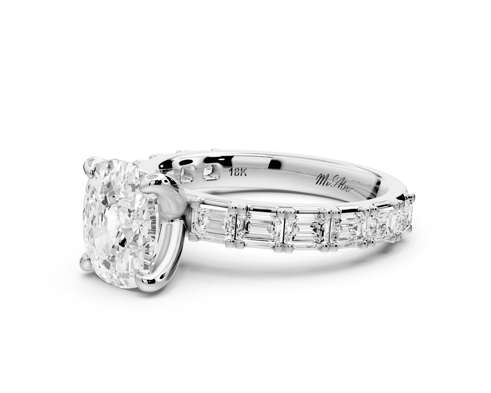 Nadia - 2ct 18k white gold ecushion diamond with east - west emerald cut accent stones engagement ring - Mr. Alex Jewelry