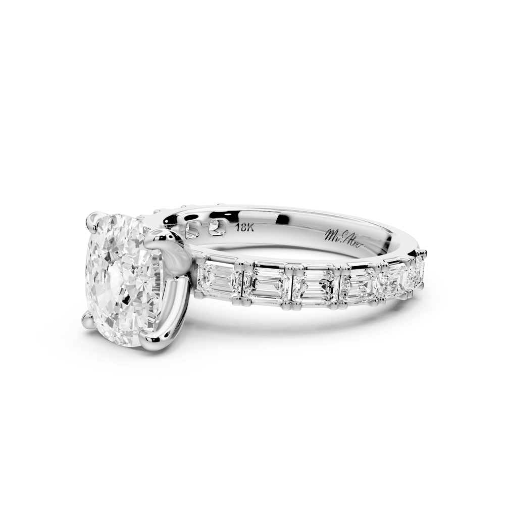 Nadia - 2ct 18k white gold ecushion diamond with east - west emerald cut accent stones engagement ring - Mr. Alex Jewelry