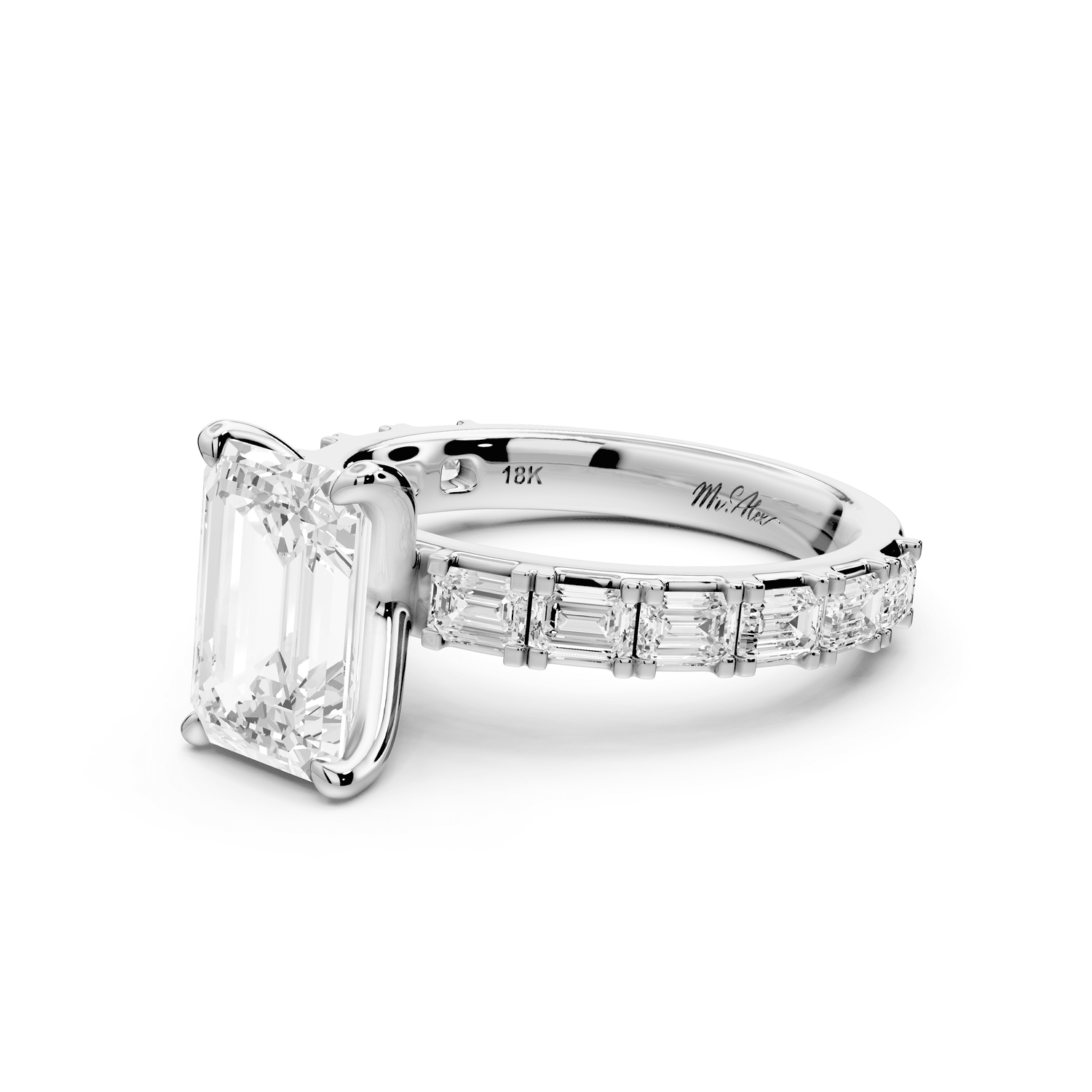 Nadia - 2ct 18k white gold emerald diamond with east - west emerald cut accent stones engagament ring - Mr. Alex Jewelry