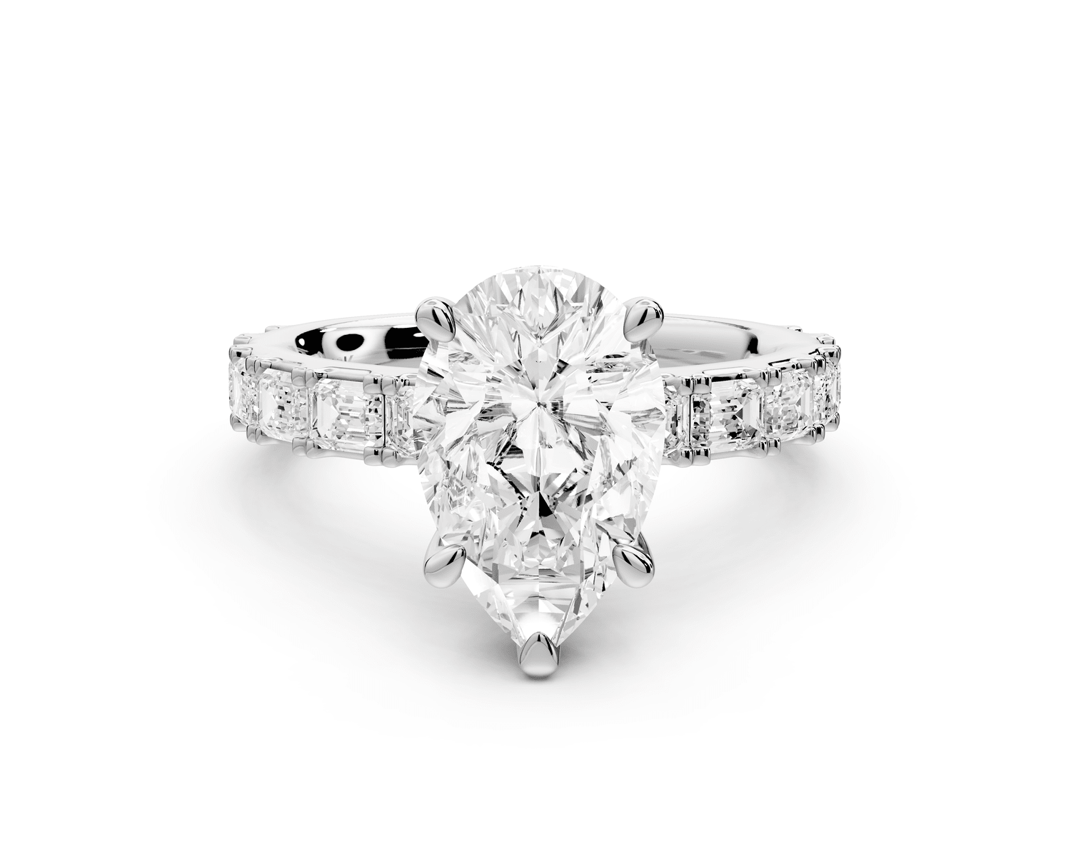 Nadia - 2ct 18k white gold pear diamond with east - west emerald cut accent stones engagament ring - Mr. Alex Jewelry