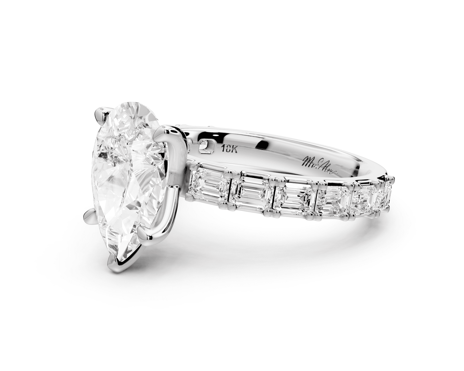 Nadia - 2ct 18k white gold pear diamond with east - west emerald cut accent stones engagament ring - Mr. Alex Jewelry