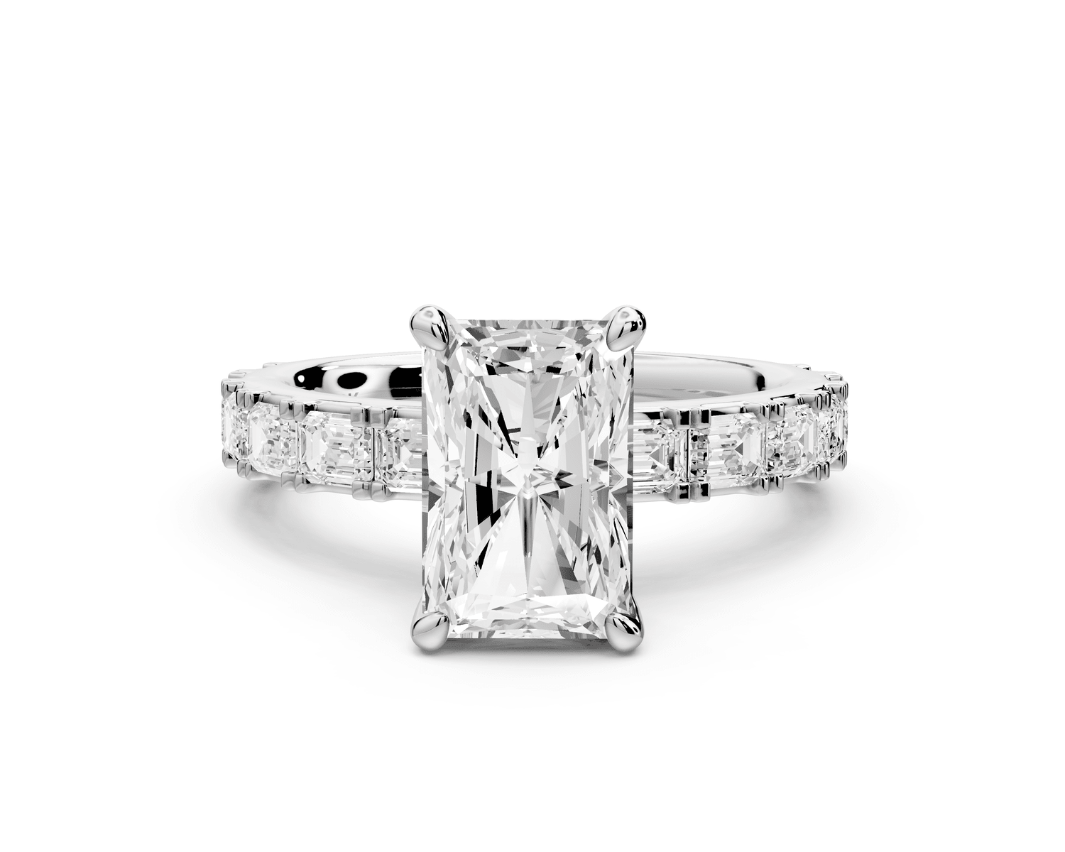 Nadia - 2ct 18k white gold radiant diamond with east - west emerald cut accent stones engagement ring - Mr. Alex Jewelry