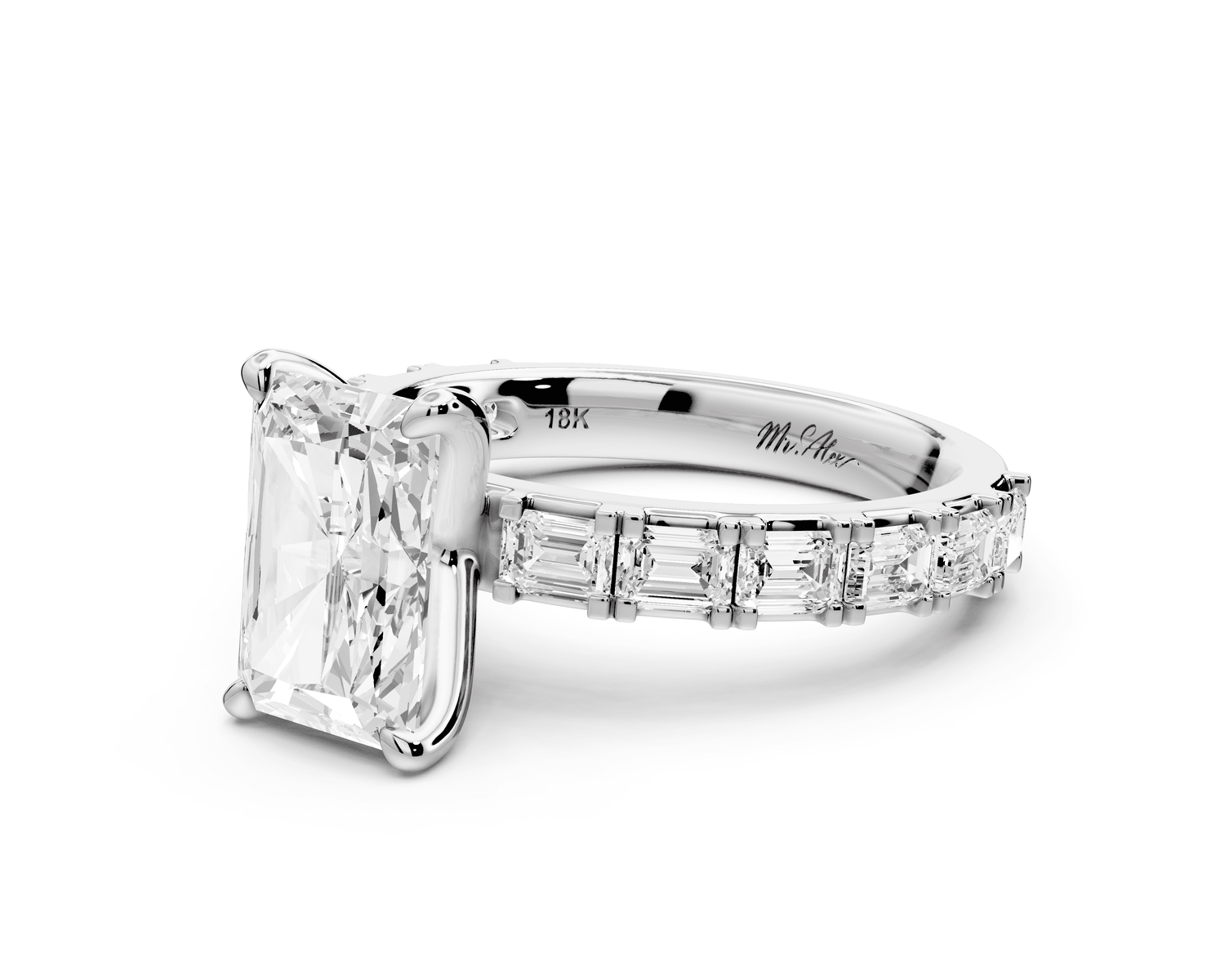 Nadia - 2ct 18k white gold radiant diamond with east - west emerald cut accent stones engagement ring - Mr. Alex Jewelry