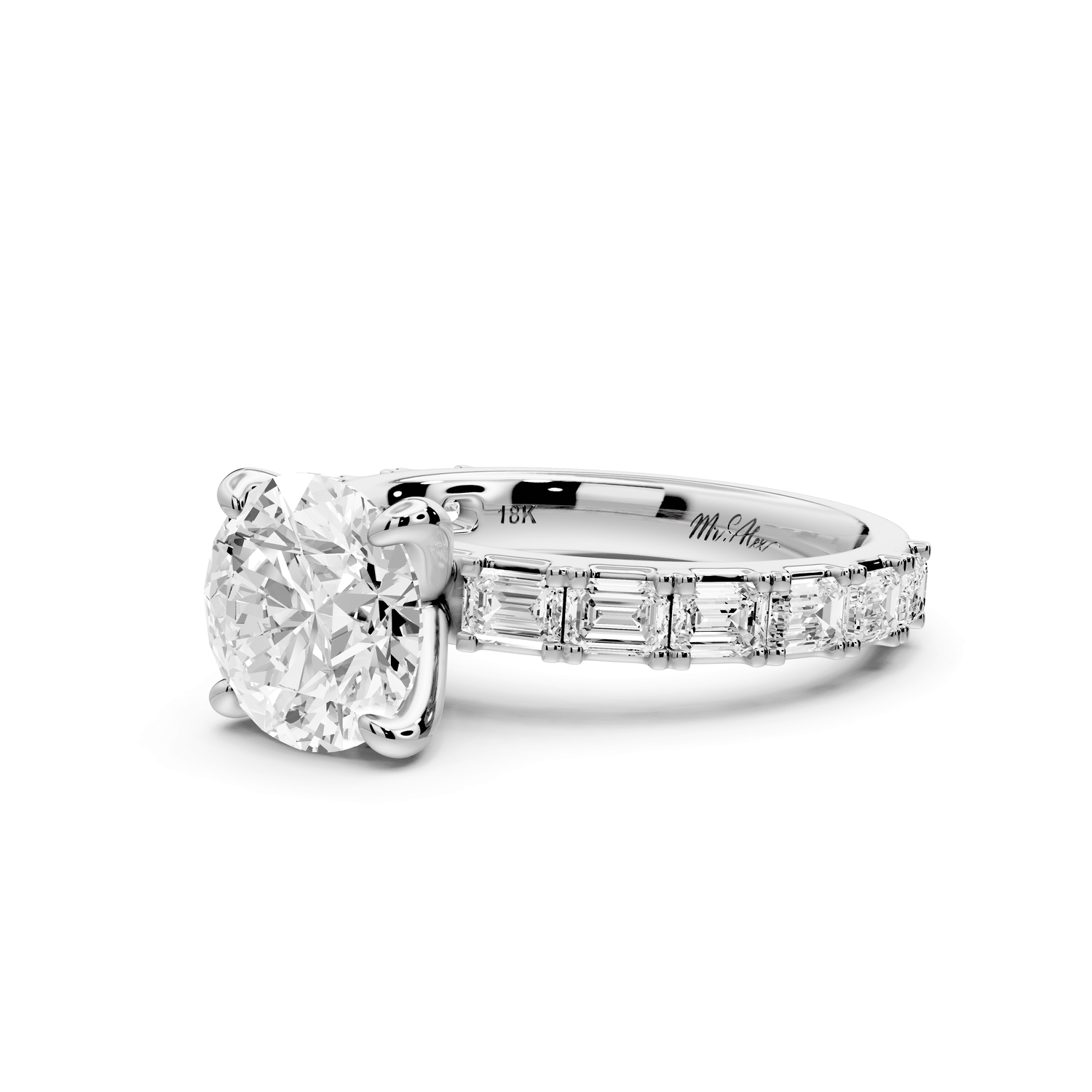 Nadia - 2ct 18k white gold round diamond with east - west emerald cut accent stones engagement ring - Mr. Alex Jewelry