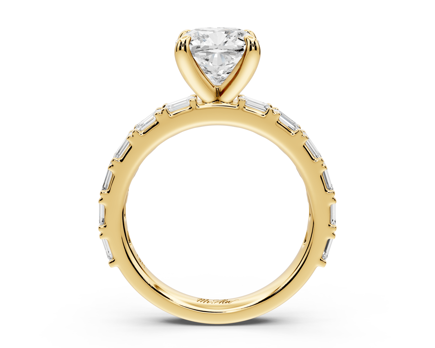 Nadia - 2ct 18k yellow gold cushion diamond with east - west emerald cut accent stones engagement ring - Mr. Alex Jewelry