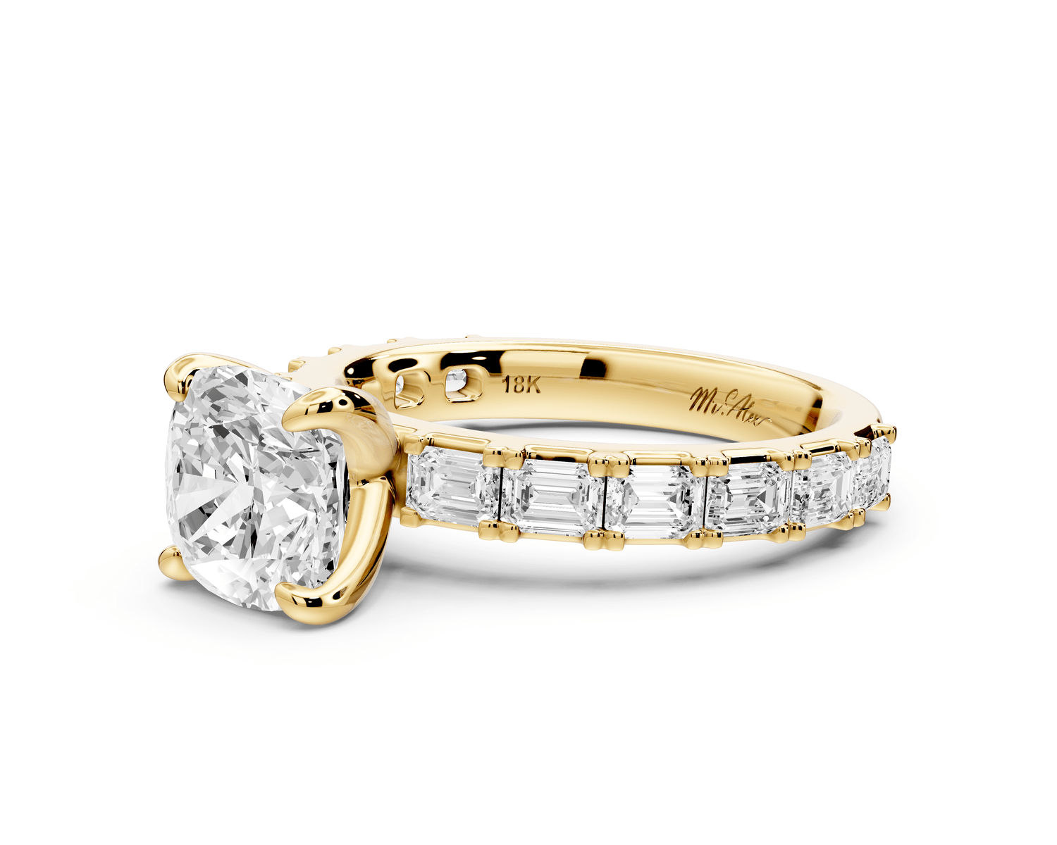 Nadia - 2ct 18k yellow gold cushion diamond with east - west emerald cut accent stones engagement ring - Mr. Alex Jewelry