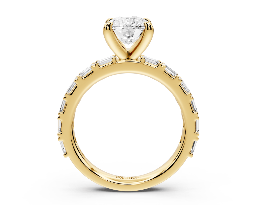 Nadia - 2ct 18k yellow gold ecushion diamond with east - west emerald cut accent stones engagement ring - Mr. Alex Jewelry