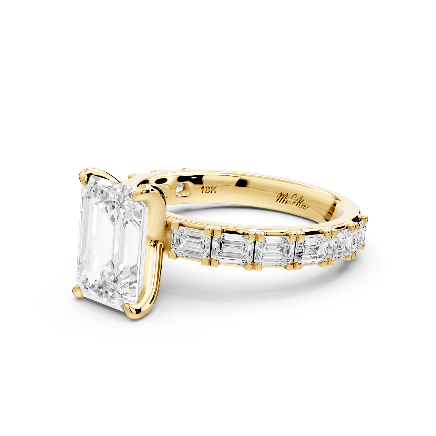 Nadia - 2ct 18k yellow gold emerald diamond with east - west emerald cut accent stones engagament ring - Mr. Alex Jewelry
