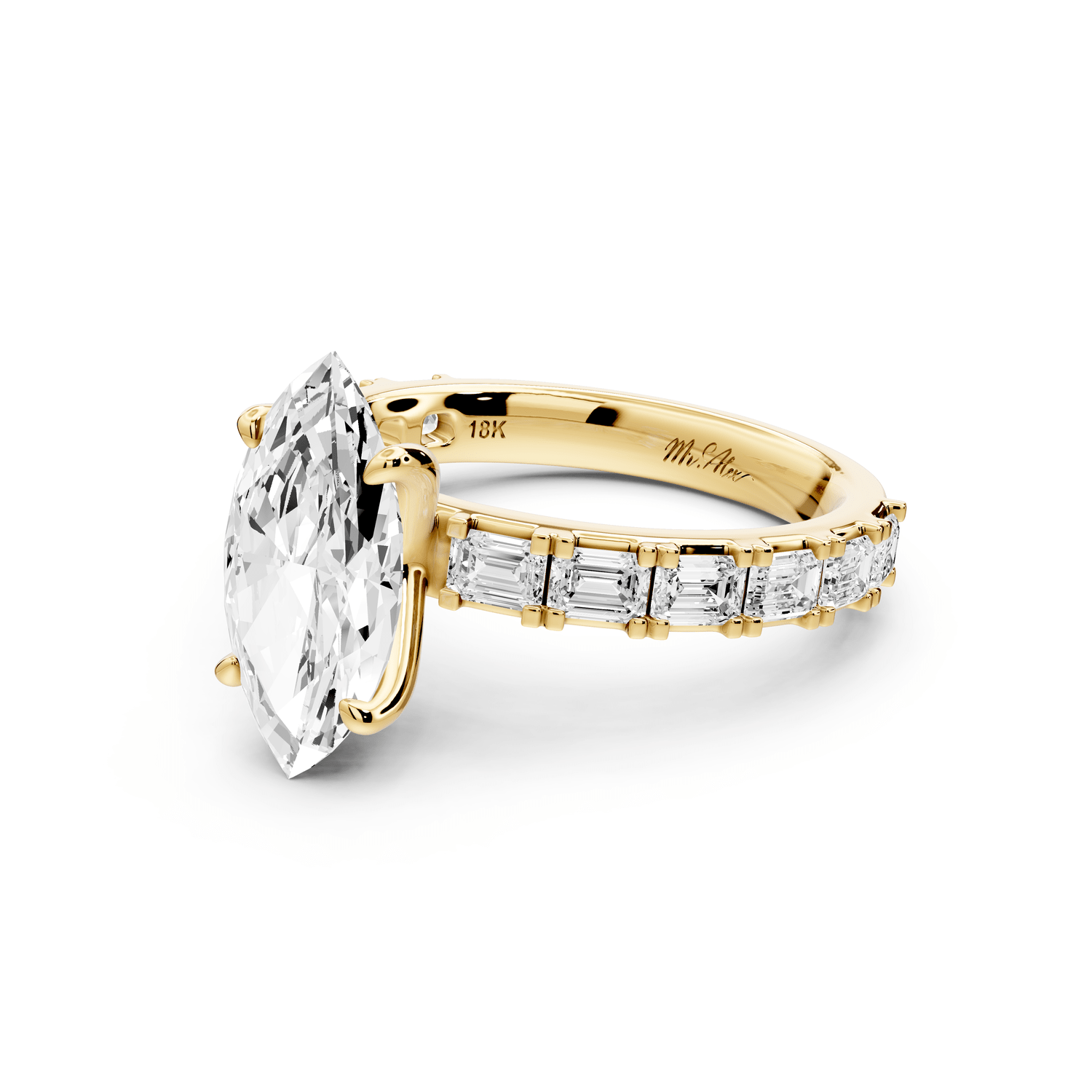 Nadia - 2ct 18k yellow gold marquise diamond with east - west emerald cut accent stones engagement ring - Mr. Alex Jewelry