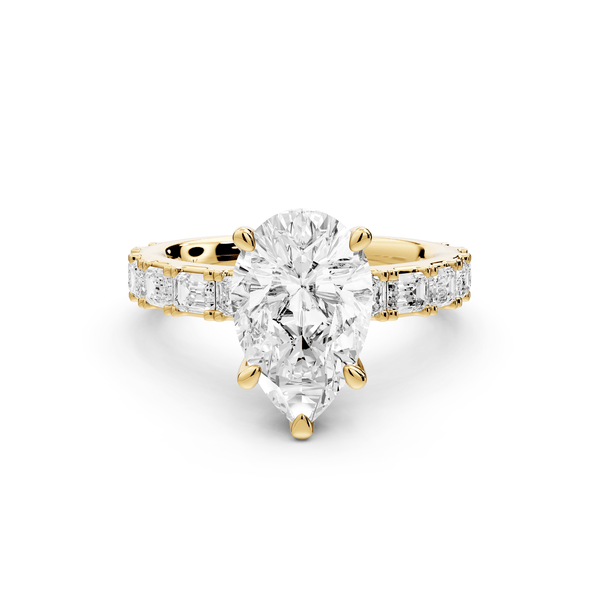 Nadia - 2ct 18k yellow gold pear diamond with east - west emerald cut accent stones engagament ring - Mr. Alex Jewelry