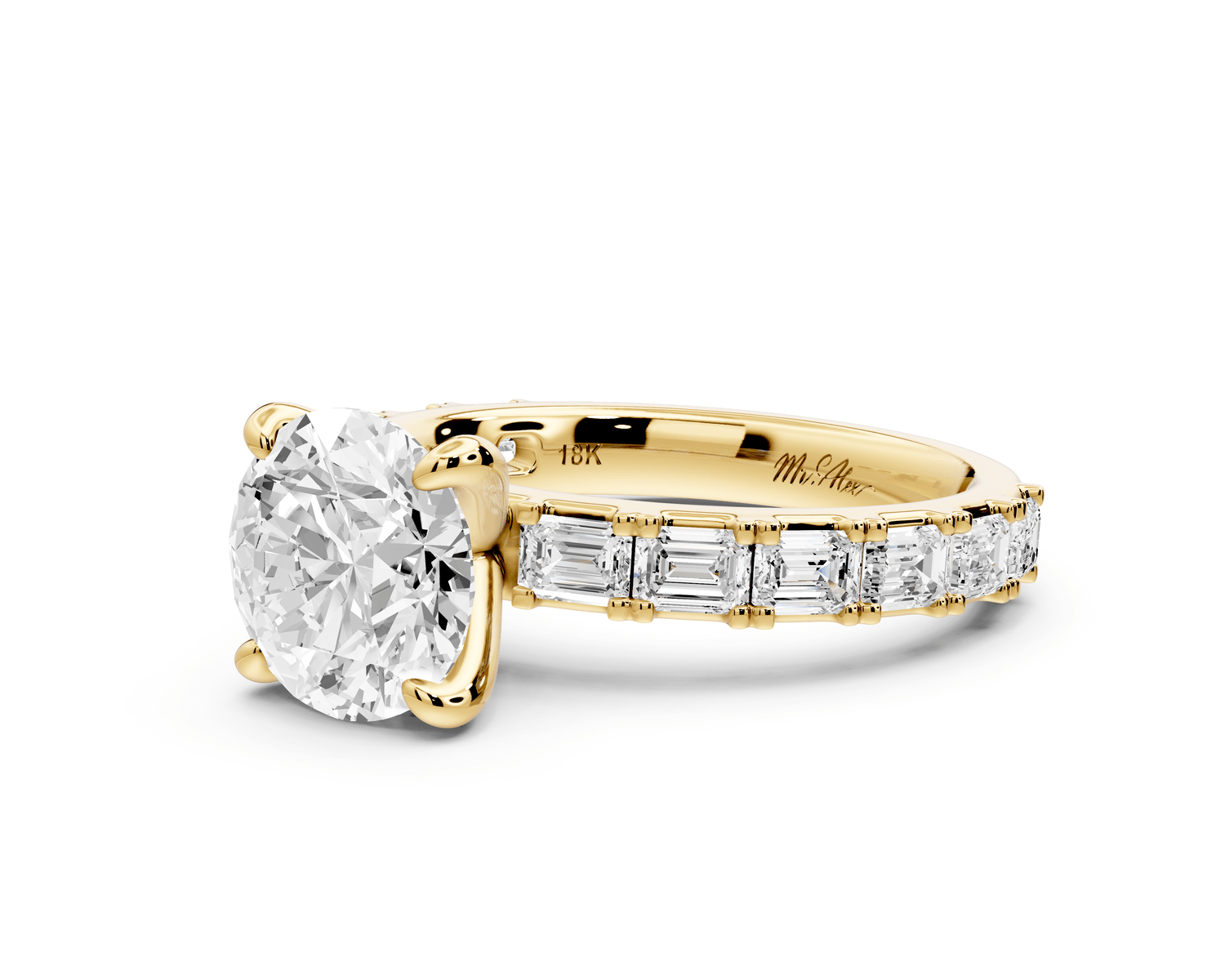 Nadia - 2ct 18k yellow gold round diamond with east - west emerald cut accent stones engagement ring - Mr. Alex Jewelry