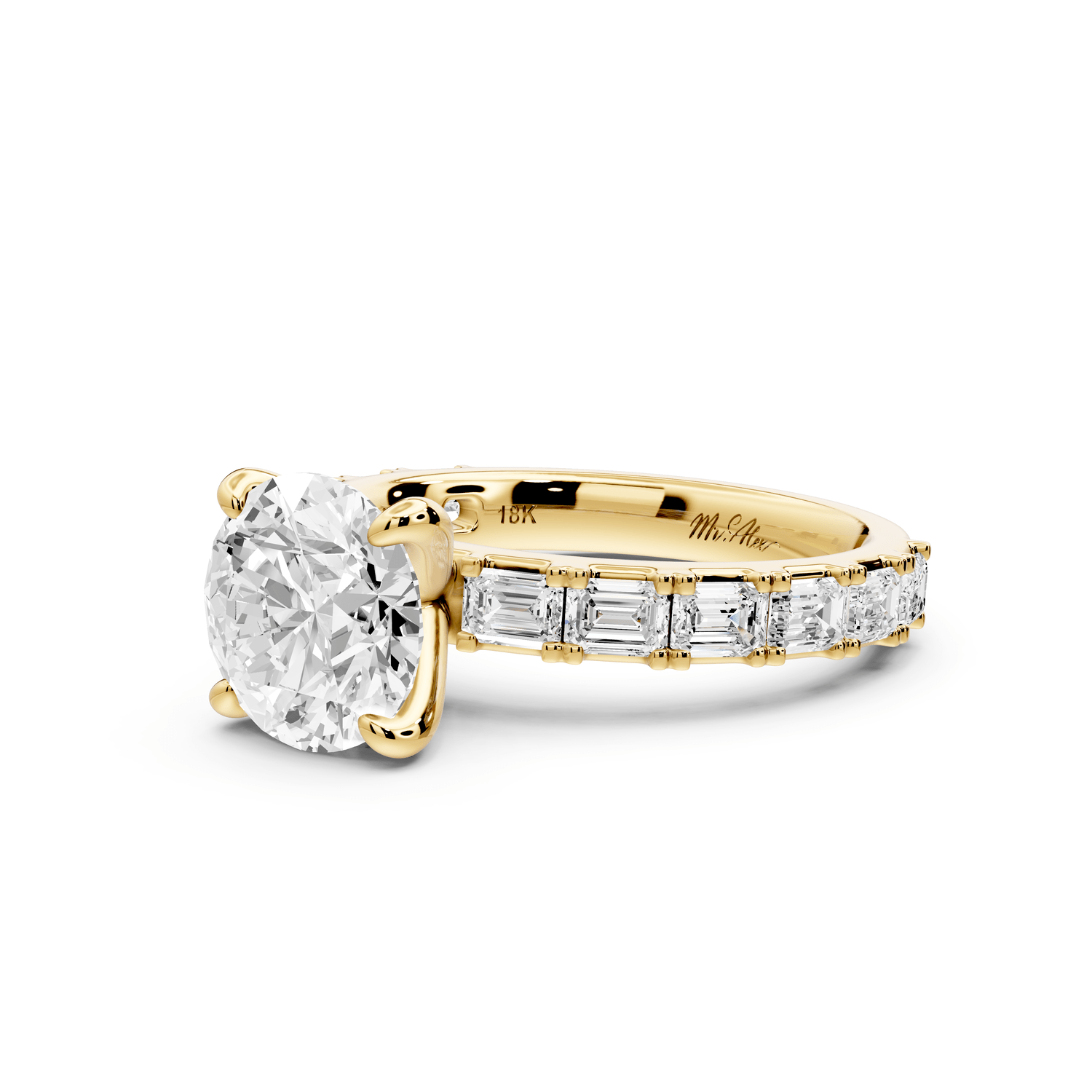 Nadia - 2ct 18k yellow gold round diamond with east - west emerald cut accent stones engagement ring - Mr. Alex Jewelry